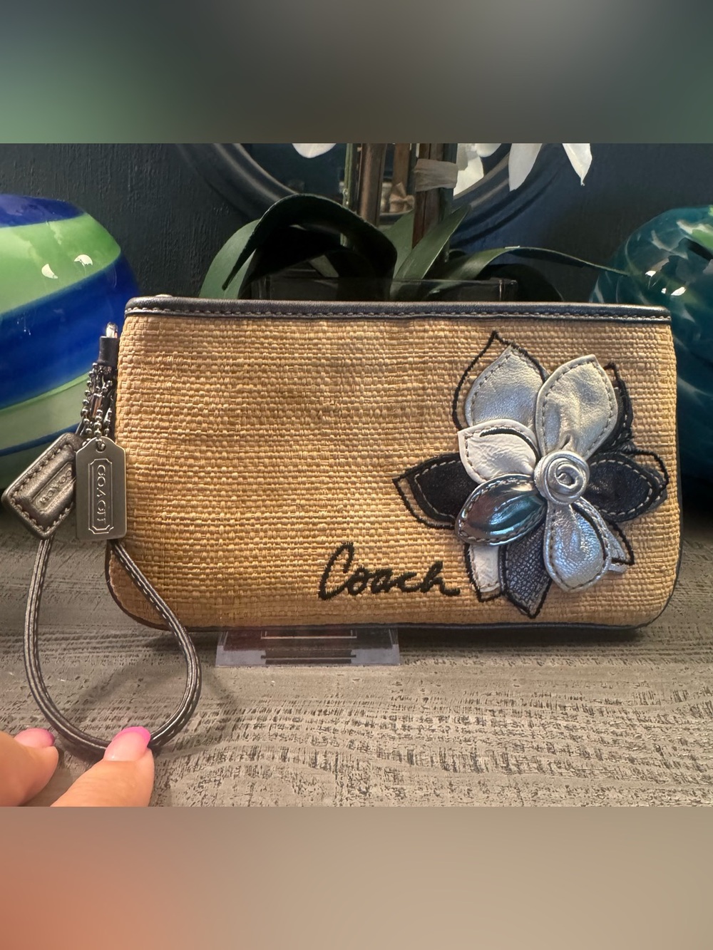 Coach Wristlet Flower w/ Leather Pedals in Metallic Silvers Like NEW Fits Phone